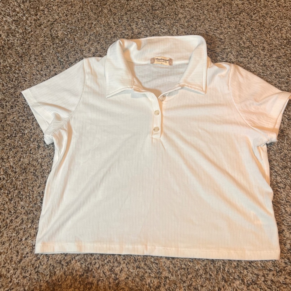 Altard State White‎ Ribbed Cropped Polo Shirt Size L Made in USA